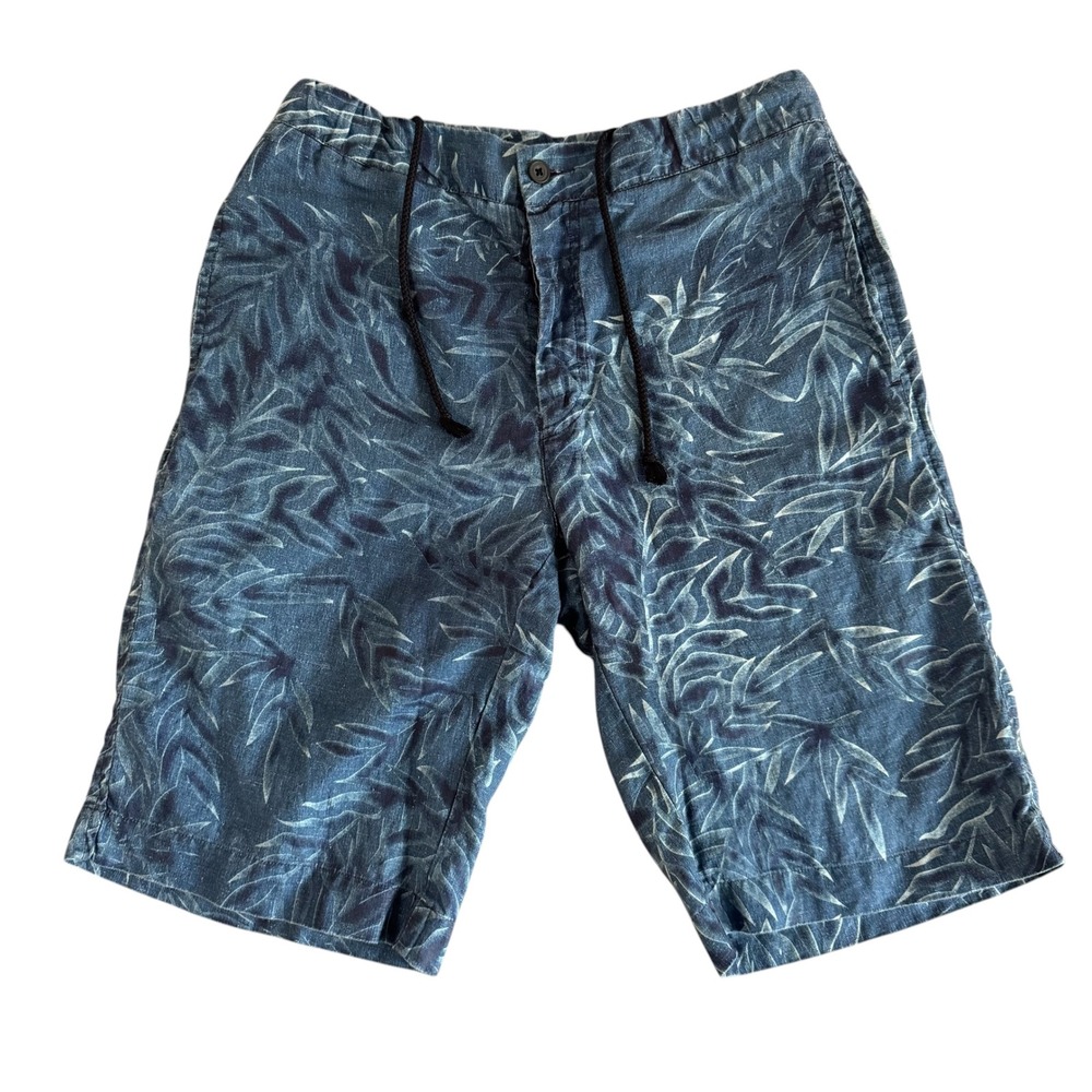 Faconnable 30x11 Blue Leaf Print 100% Linen Drawstring Button Fly Men's Shorts